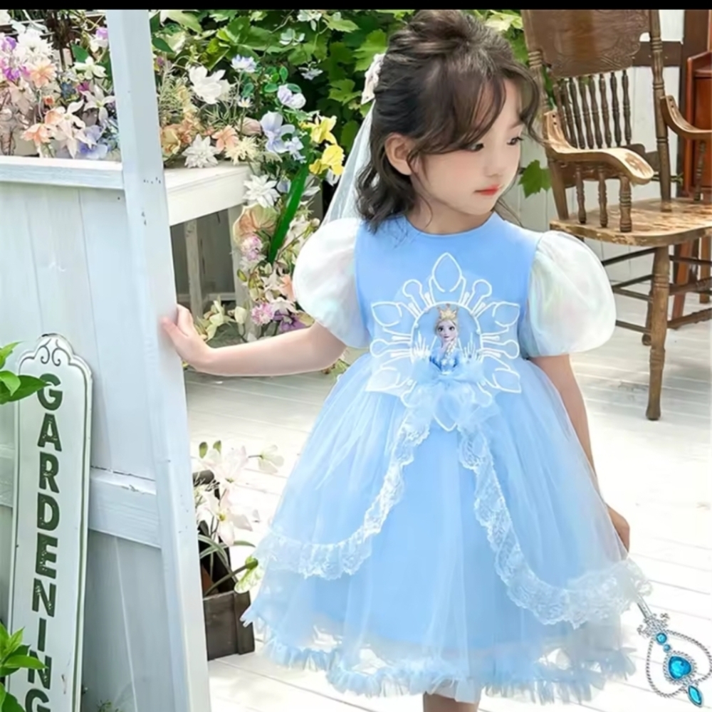 Blue Princess Dress with White Lace